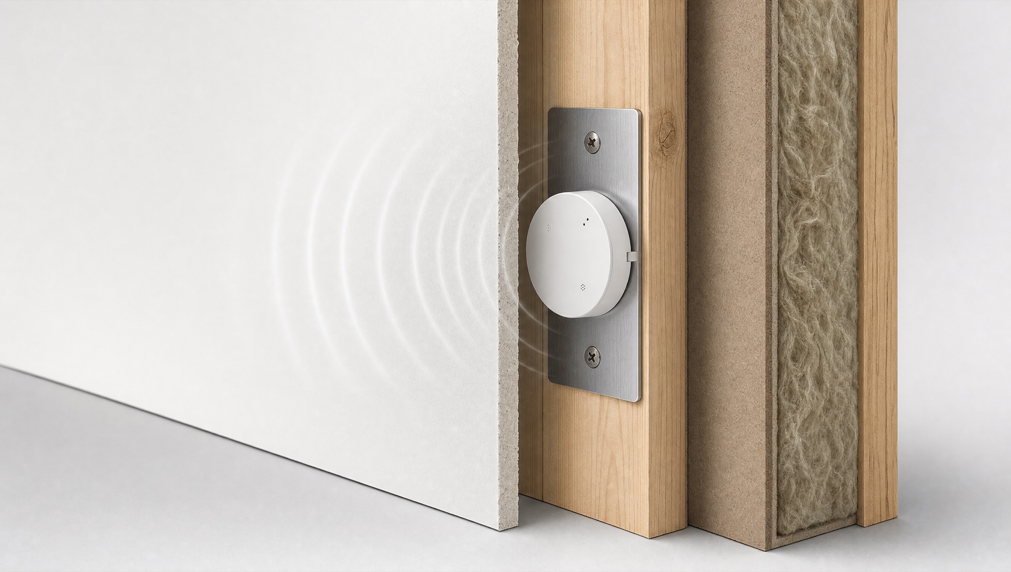 Cross-section of a finished wall showing the NOIZE sensor concealed behind drywall with vibration traveling through the panel