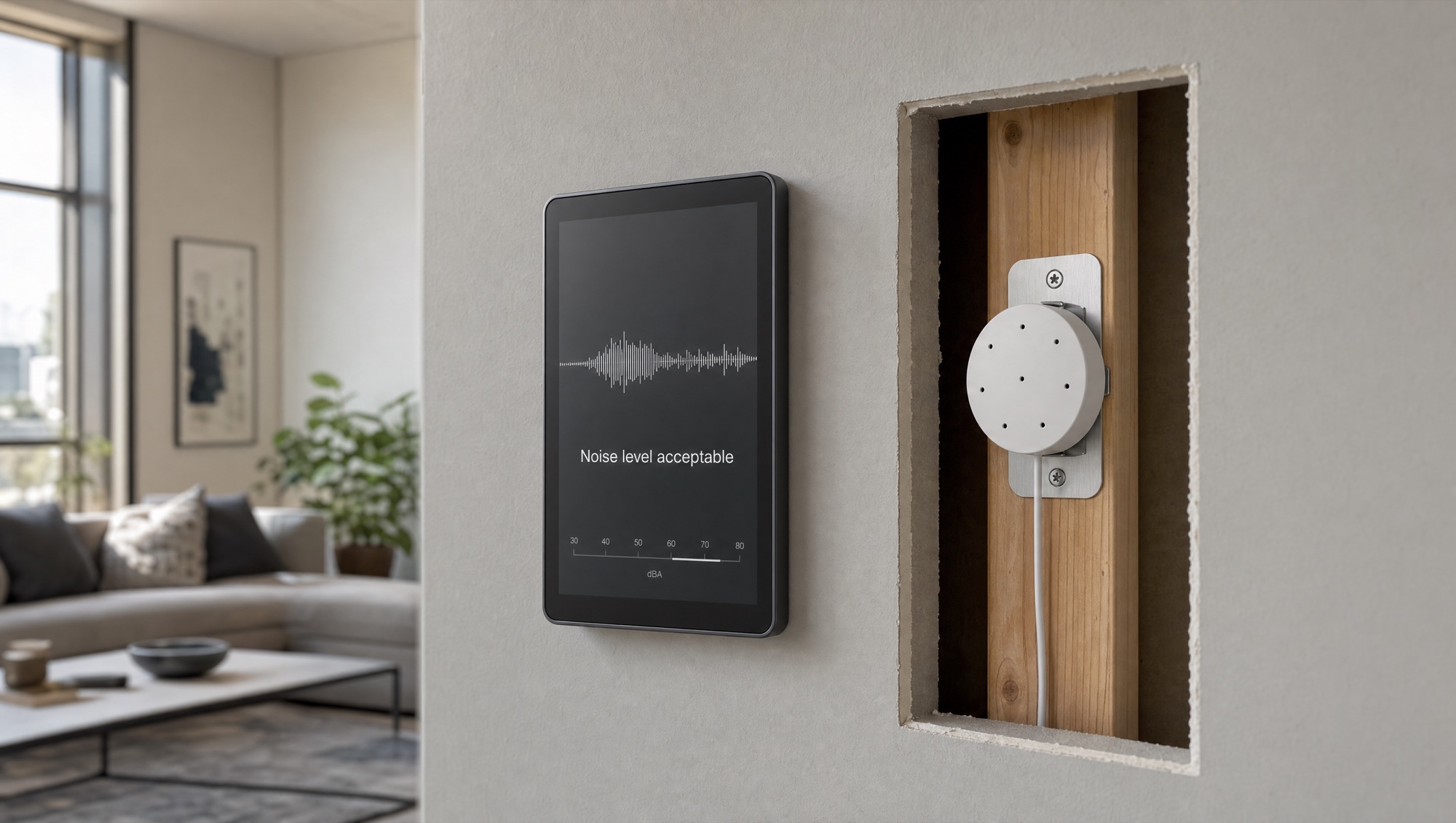 NOIZE Smart Hub on an apartment wall beside a cutaway revealing the in-wall acoustic sensor mounted to the stud behind the drywall