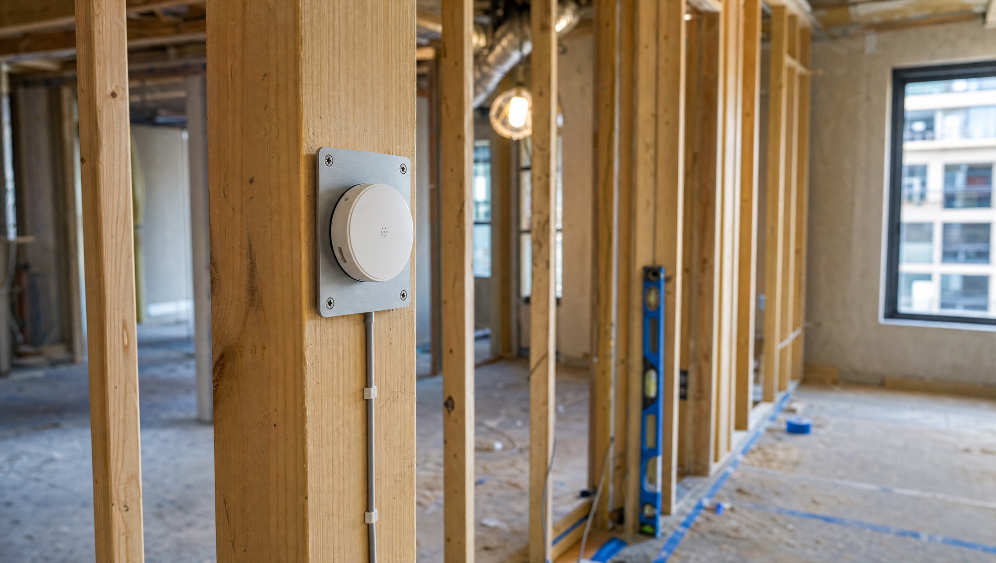 NOIZE sensor clipped to its mounting plate on an exposed wood stud during construction, before drywall