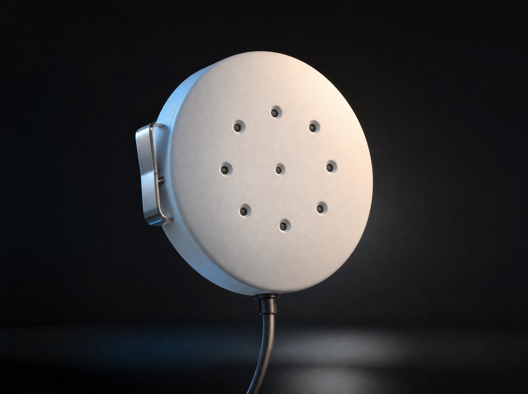 NOIZE in-wall acoustic sensor unit — matte white housing with nine contact-microphone apertures and clip-in mount